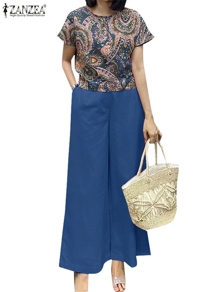 ZANZEA Summer Women tailleur pantalone Casual Bohemian Paisley Print camicetta a maniche corte Top e pantalone 2 pezzi abiti set di pantaloni per le vacanze