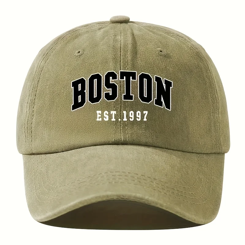 New washable retro baseball cap with BOSTON print, unisex couple style, adjustable washable baseball cap