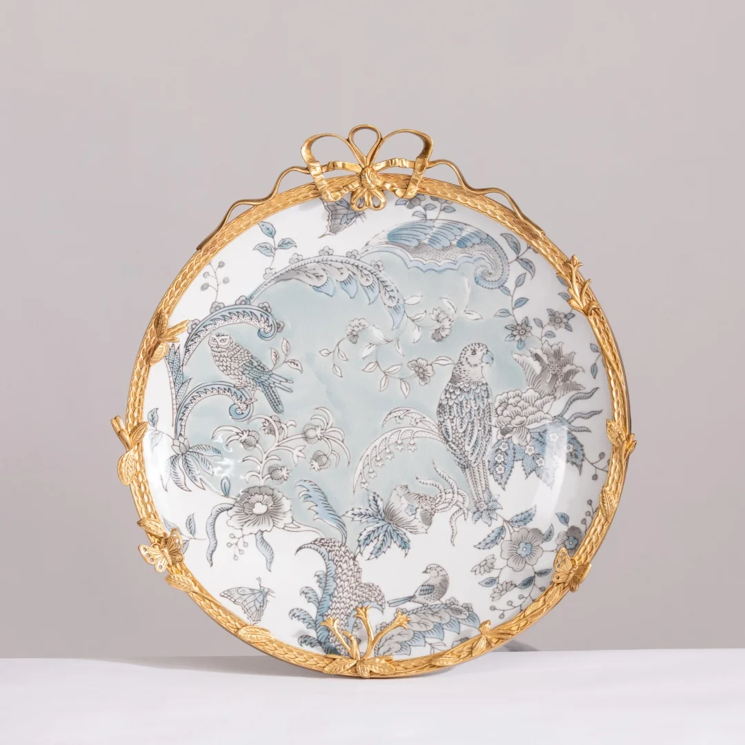 Decorative Tray Hotel Apartment Creative Blue and White Chinese Style Vintage Ormolu Mounted Wall Decor Porcelain Plates