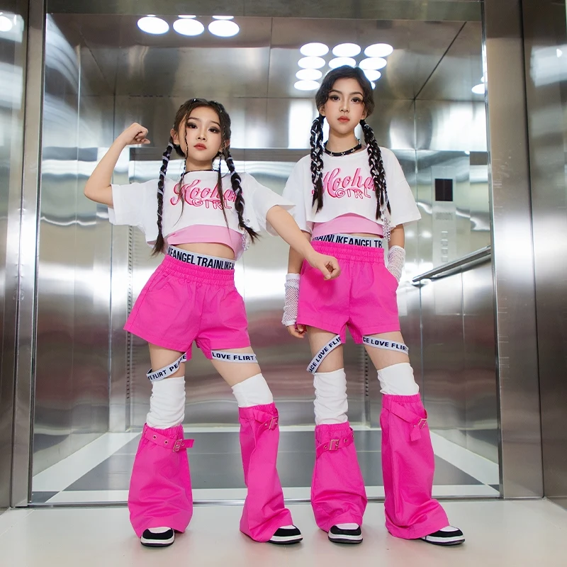 Costumes de danse Jazz pour filles et enfants, costume rose, haut court, short, Streetwear, salle de bal, vêtements de spectacle de danse Hip Hop, 2025 DDN20373