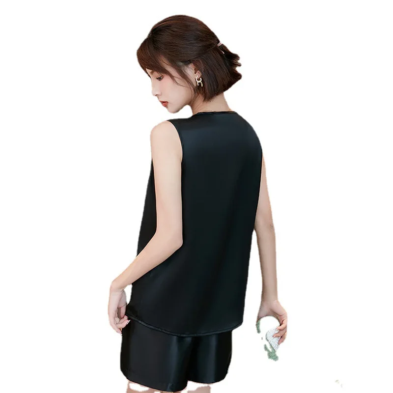 BirdTree, 19MM 100%Real Silk Pajama Set, Women V Neck Sleeveless Solid, Casual Shorts Homewear, 2024 Spring Summer New S43925QM