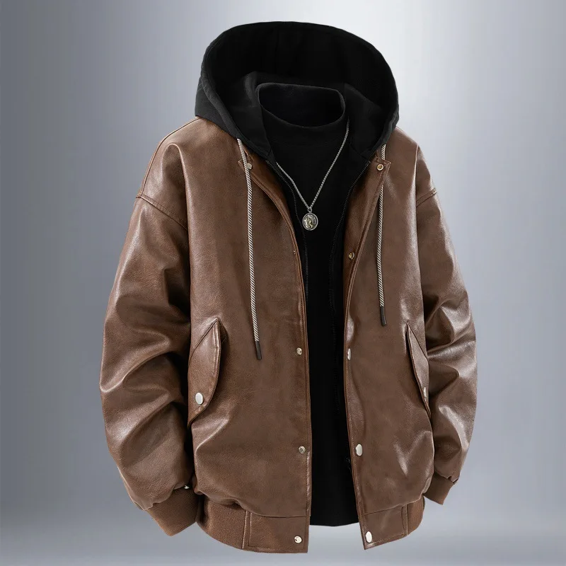 

Autumn Men Leather Jacket Streetwear Waterproof Patchwork Male Hooded Coat Long Sleeve Punk Loose Man Fake Two-piece Outerwear