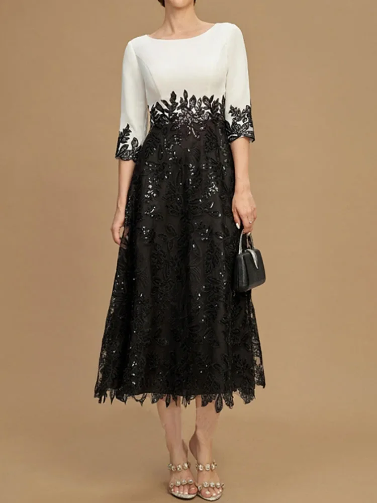 Sparkle Pailletten Moeder Van De Bruid Jurken Kant Boot-Hals Thee-Lengte A-Lijn Elegant Bruiloft Gastfeest Voor Vrouwen 2023 Avond