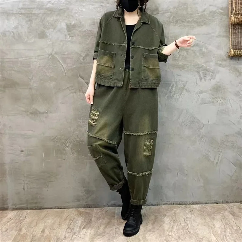 2024 New  Autumn Artistic Style Mom\'s Fashion Denim Set Women Spring Autumn Short Coat Loose Western Casual Jeans Two Piece Set