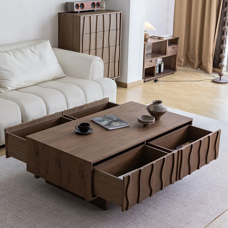 Mid-century stijl massief houten salontafel woonkamer zwart walnoot log eenvoudig licht luxe leisteen theetafel thuis klein appartement