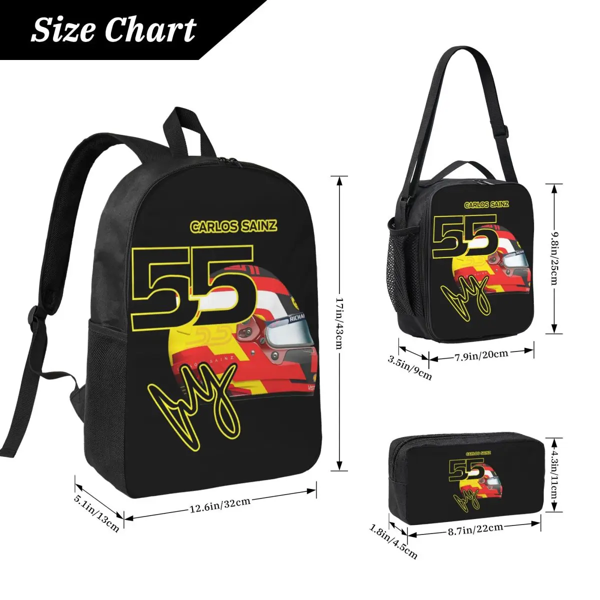 كارلوس ساينز جونيور F1 توقيع الرسم الظلام على ظهره طالب بنين بنات BookBag حقيبة مدرسية 3ps معزول حقيبة الغداء مقلمة