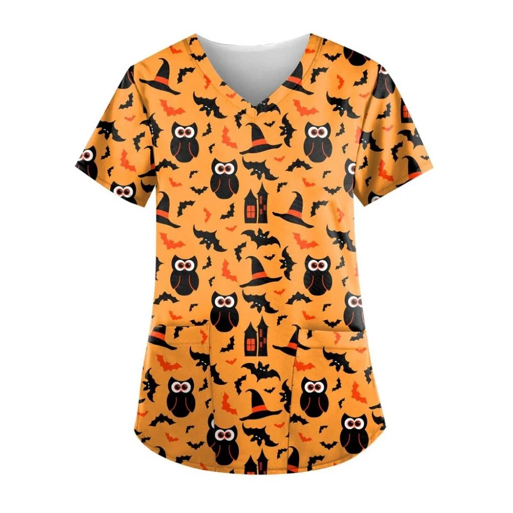 Women's Medical Uniform Halloween Cartoon Print Health Care Nursing Tops Casual Microelastic Short Sleeve Clinical Uniform Woman
