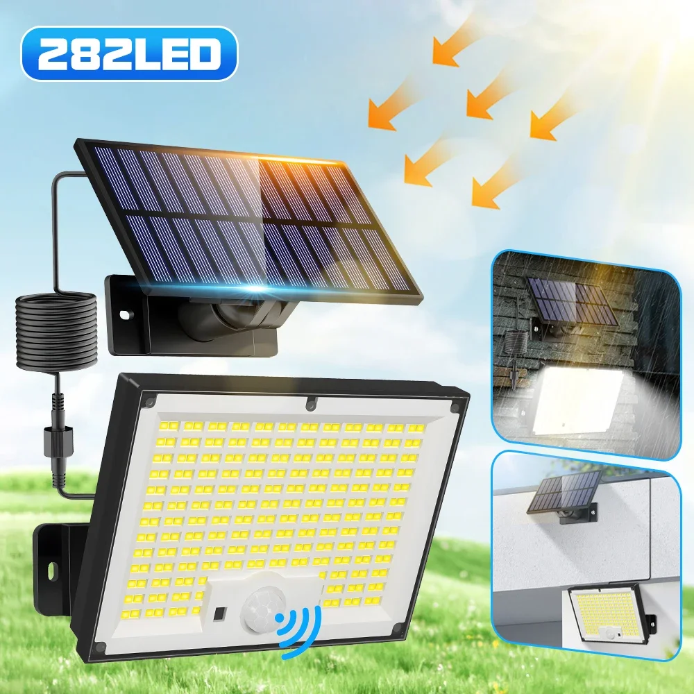 

280LED Solar Powered Light with Remote Control, 3 Lighting Mode,Motion Sensor Wall Lamp for Outdoor Yard, Garage, Driveway