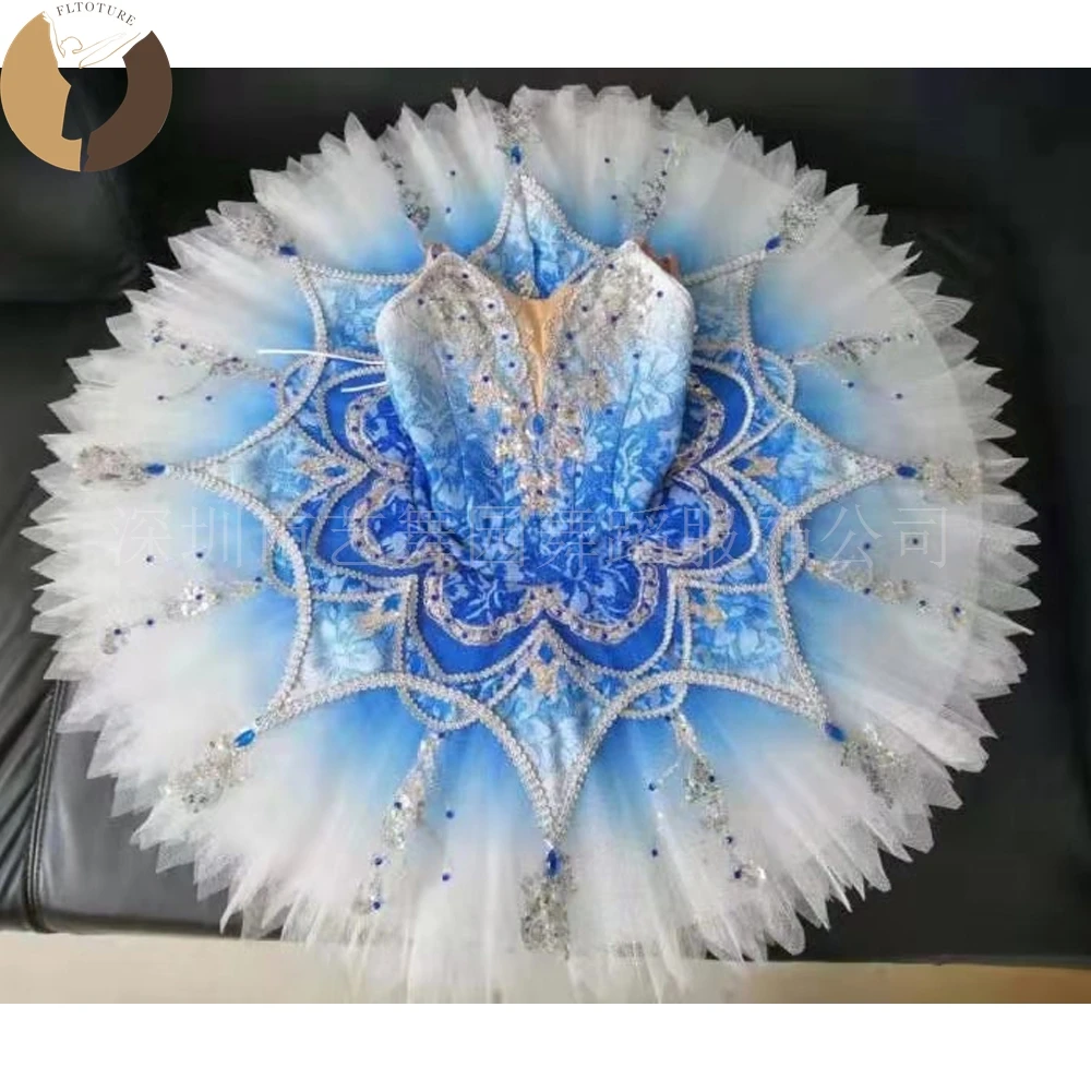 

FLTOTURE YN2026 Classical Ombre Custom Made 10 Layers Girls Blue Pancake Tutu Tulles Skirts Ballet Performance Blue Bird Costume