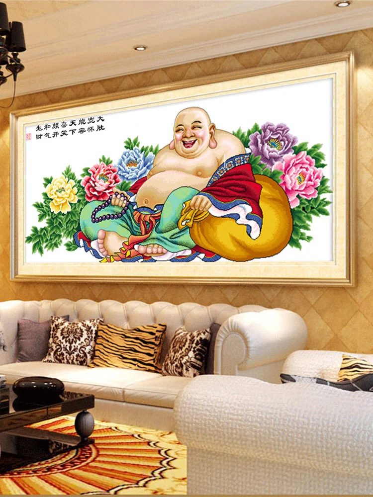 

Monaa Royal Cross Stitch Kit Buddha Character Laughing All the Time Wealthy Blooming Flowers Peony Cotton Fabric Living Room