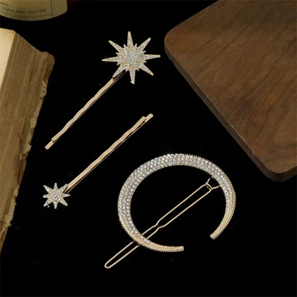 

3pcs/1set Women Crystal Side Hair Clip Pins Metal Hair Barrettes Accessories Stars Moon Rhinestone Clips Set Star Hairpins
