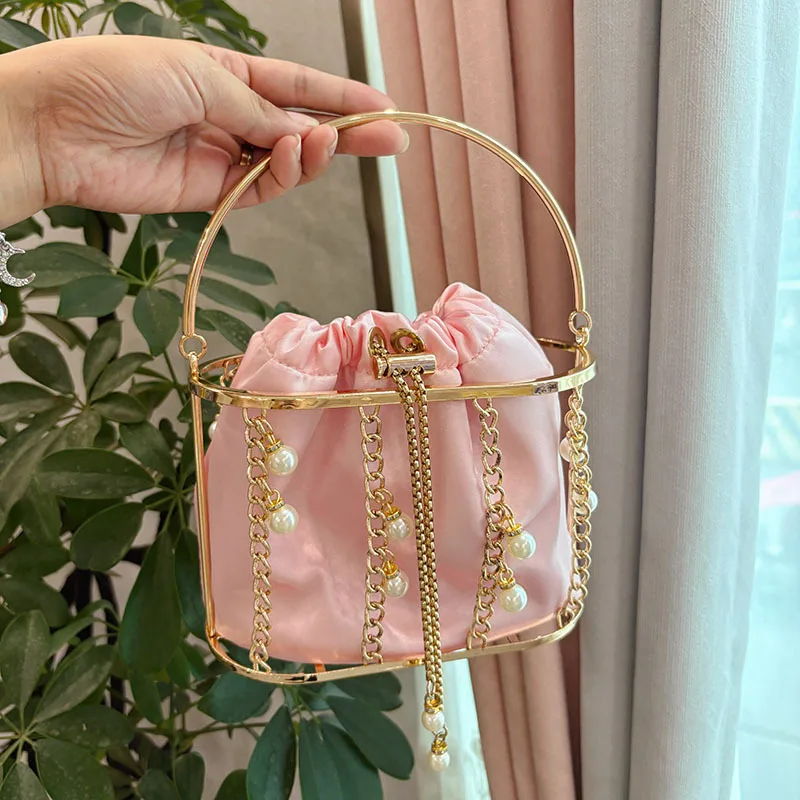 

Luxury Beaded Birdcage Bag Pearl Fringe Wedding Clutch Purse,Vintage Picnic Basket Bucket Bag Strap Crossbody Evening Party Bag