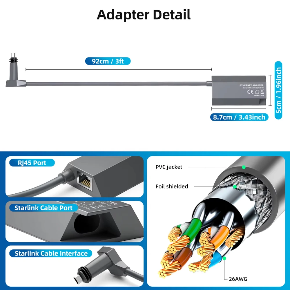 für Starlink Ethernet-Adapter für Dish Antenna Satellite Internet V2 Powerline Kit für kabelgebundenes externes Netzwerk GEN2 Ethernet