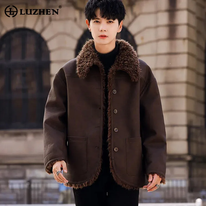 

LUZHEN зимнее роскошное ветрозащитное мужское толстое легкое хлопковое пальто высокого класса винтажное 2024, оригинальные кожаные куртки с меховой подкладкой JY4656