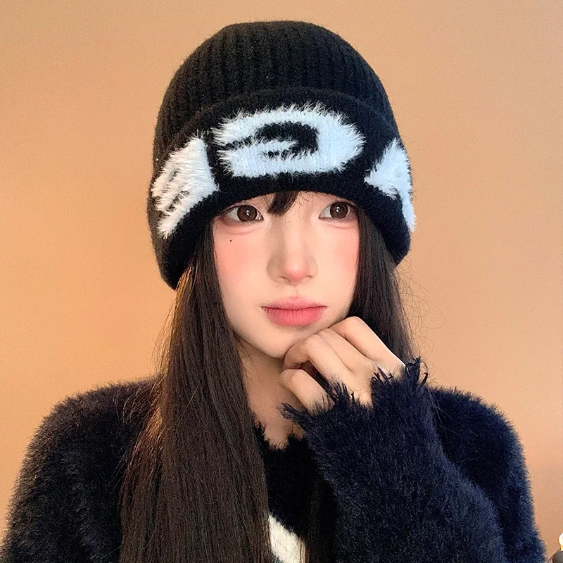 

Женская осенне-зимняя жаккардовая вязаная шапка с надписью, теплая и универсальная вязаная шапка с выдвижным механизмом, утолщенная и мягкая