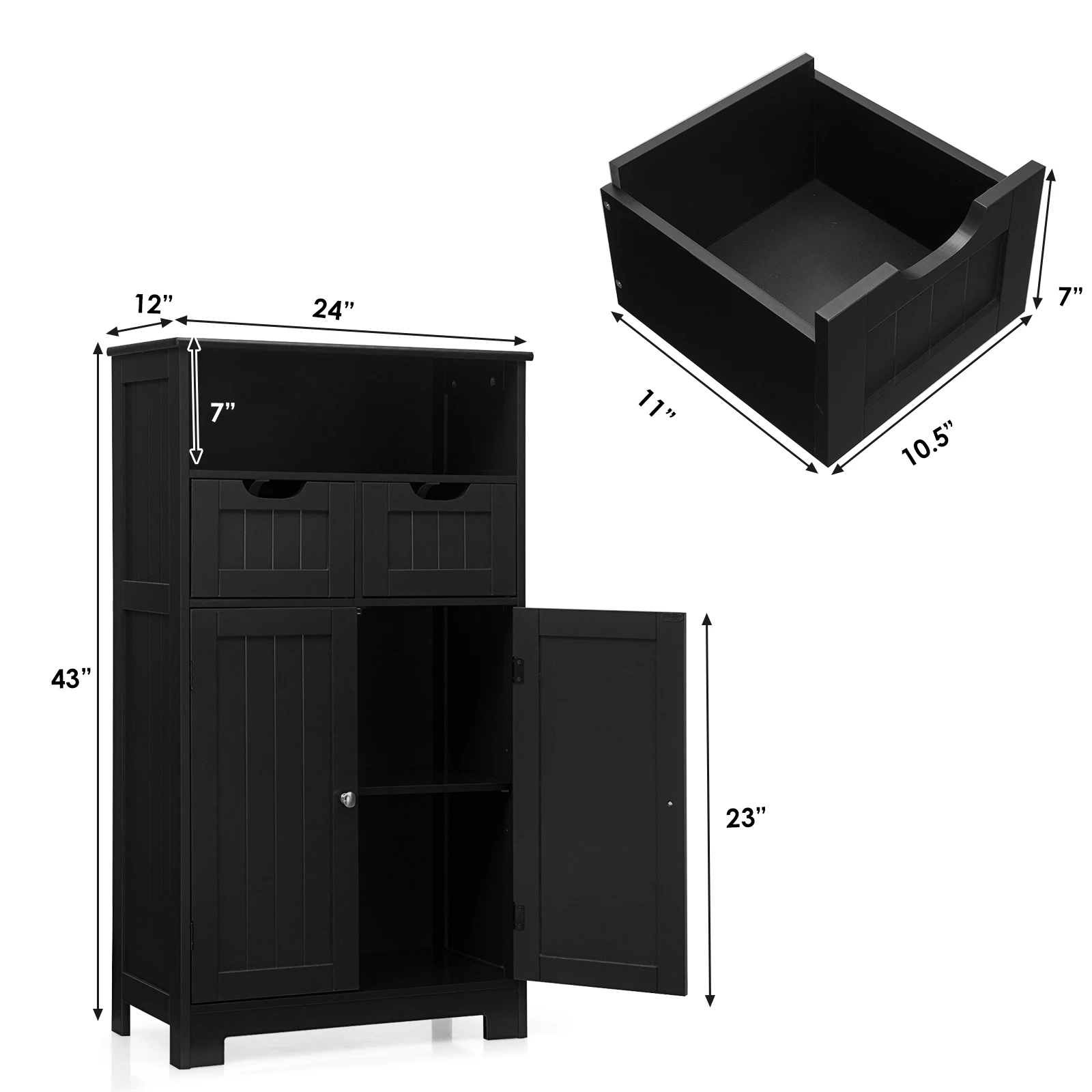 Bathroom Floor Cabinet Wooden Storage Organizer w/Drawer Doors Black