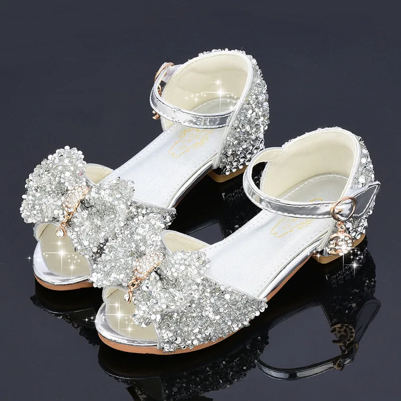 

Summer Girls Sandals Rhinestone Bow Dance Party Princess Catwalk Soft Soled Children's High Heels Kids Student Performance Shoes