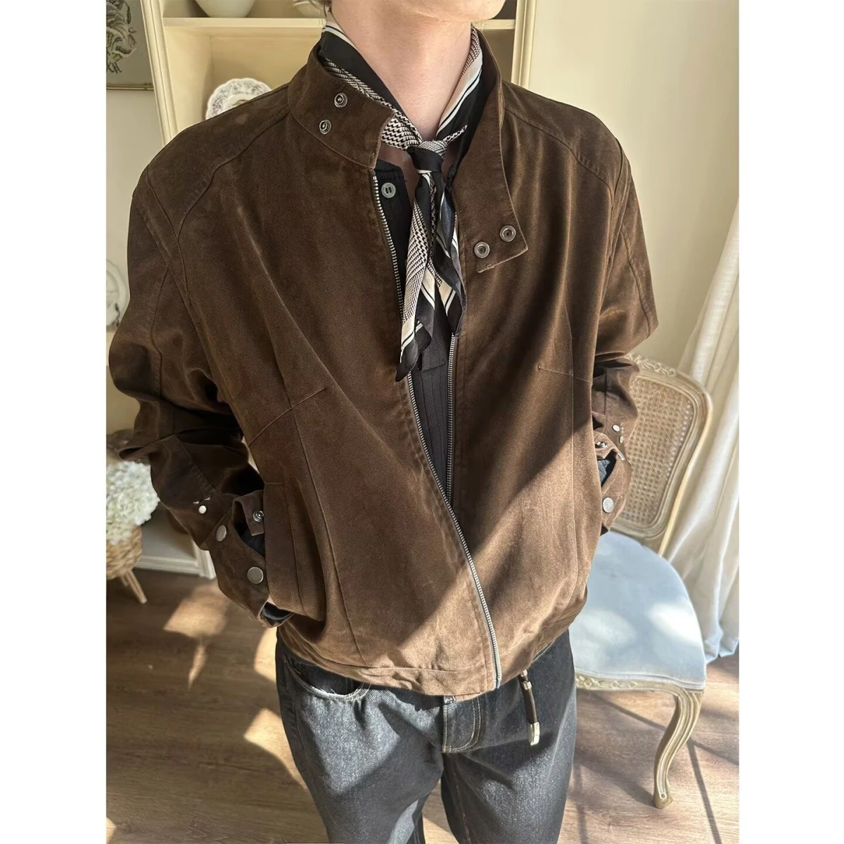 

Retro Chic Men's Biker Jaet ort Loose Fit Zipper ket Stand Collar Autumn Winter Outerwear Versatile Casual Sle