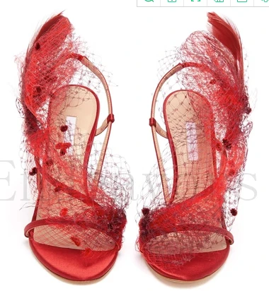 

Mesh Feather Thin High Heels Banquet Women's Shoes European and American Summer Newest Sexy Large Size Versatile Sandals Shoes