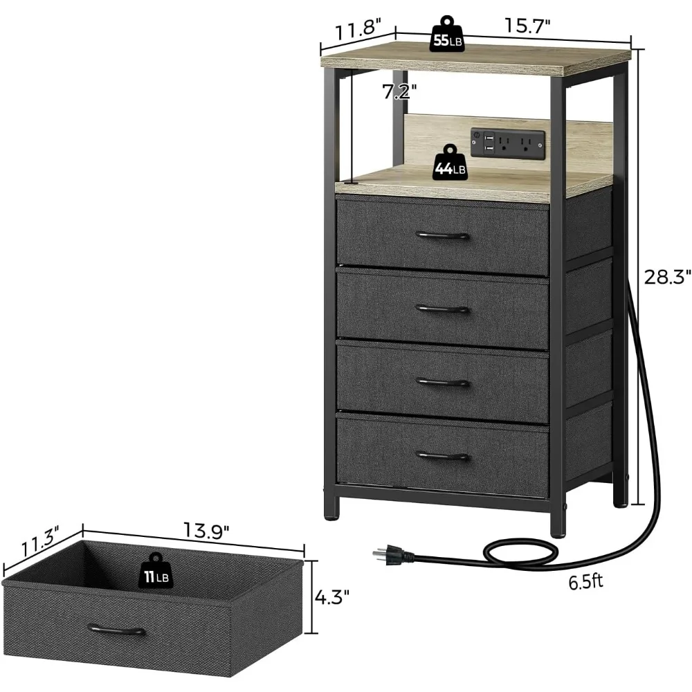 Nightstand with Charging Station, Bedside Table with LED Lights, Side Table with Fabric Drawers, Tier Storage Night Stand Table image 3
