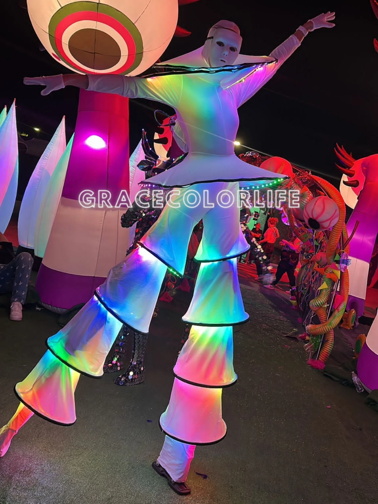 ショーガールコスチュームパーティーコスチュームコンサートコスチュームパーティーショーコスチュームイベントホワイトスティルトウォーカーLEDロボットスーツ大人用ハロウィン発光