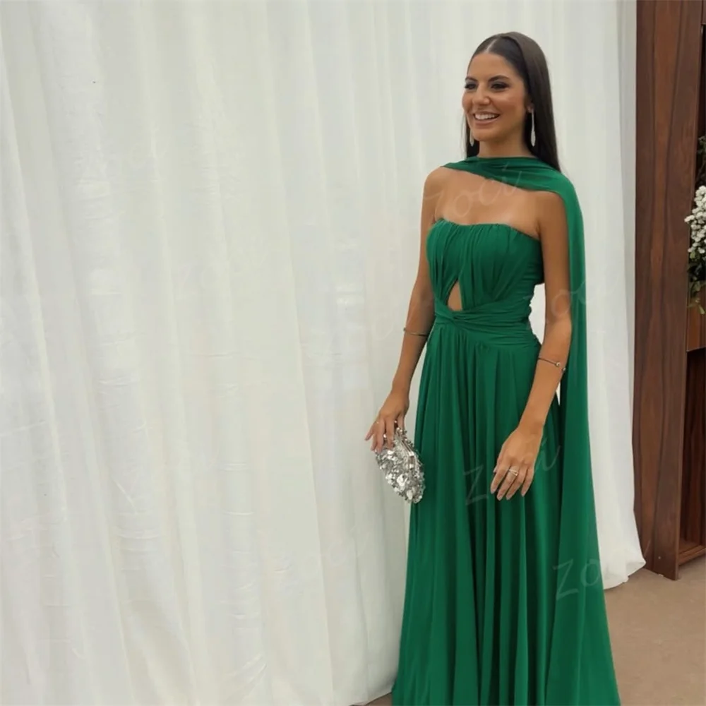 Zoci Strapless Green A Line Evening Dresses Customized Pleat Chiffon Women Prom Gown Shawls Cut Out Formal Party Birthday Dress