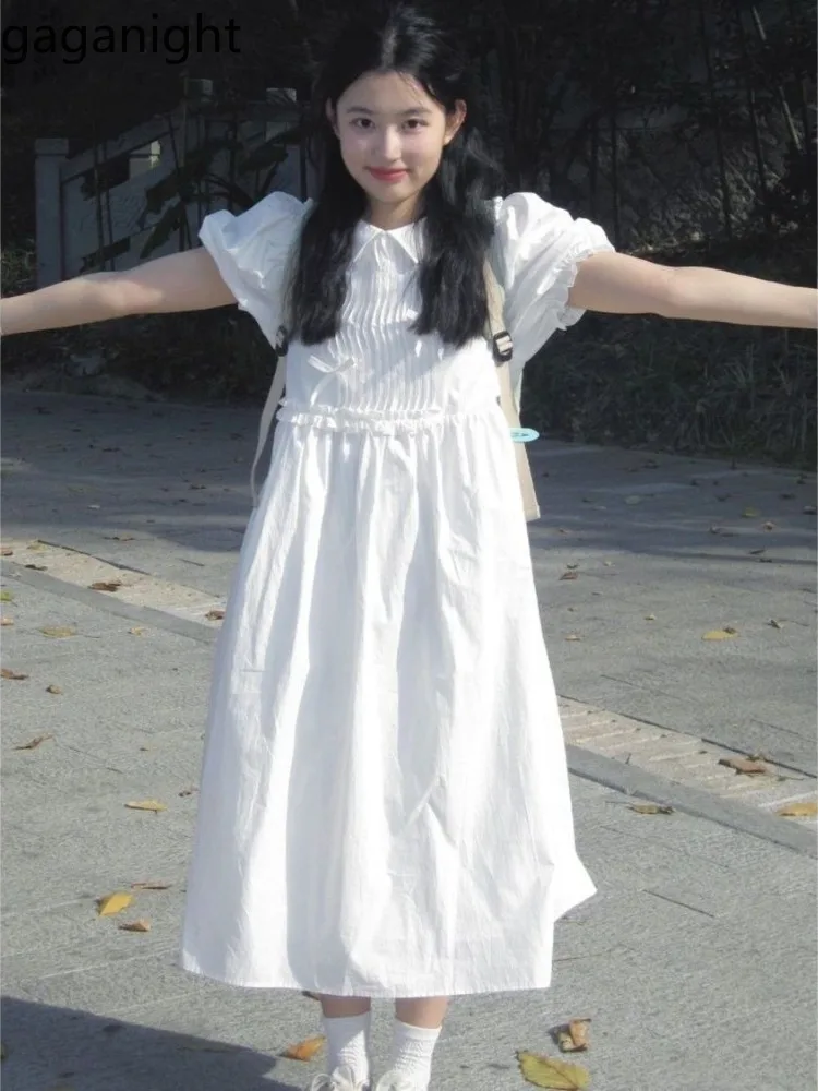 

Gaganight Summer New Sweet White Dress Loose Bowknot Slimming Bubble Sleeves Firs Girl Reducing College Style Mid Length Dresses