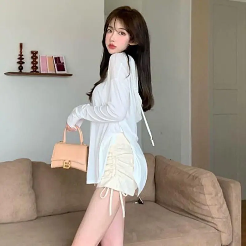Pure Wind Hood Top Woman Summer Skinny Spice T-shirt Long Sleeve Sun Protection Shirt Thin Split Fashionable Casual