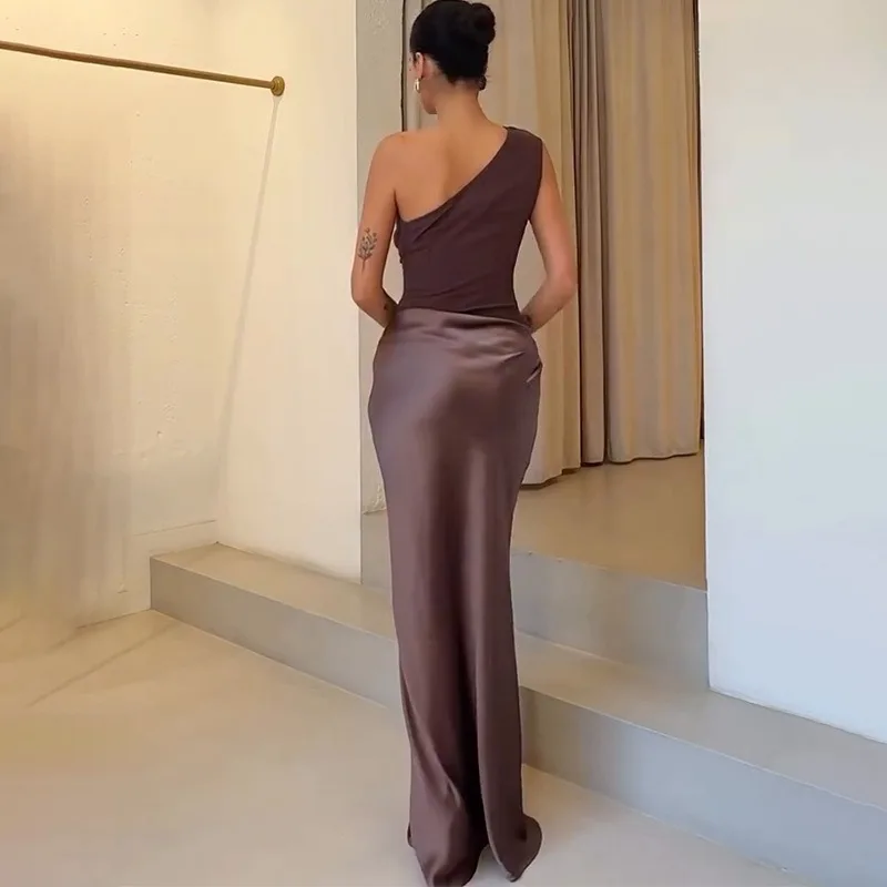 Feminino sólido retalhos cetim um ombro bodycon maxi vestido de festa sexy sem mangas plissado vestido de noite férias longo robe