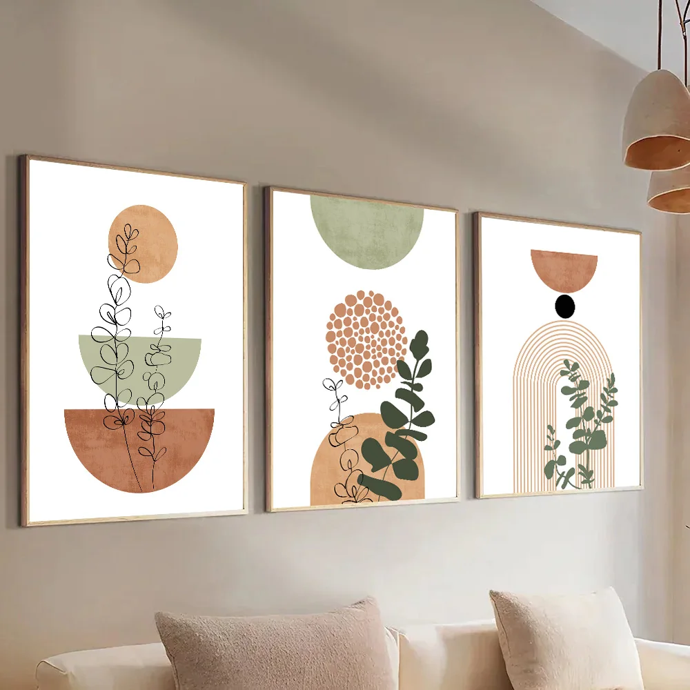 Póster de planta con forma abstracta bohemia moderna, impresión de mediados de siglo, estilo bohemio, pintura de arte botánico geométrico, cuadro decorativo de pared, 3 uds.