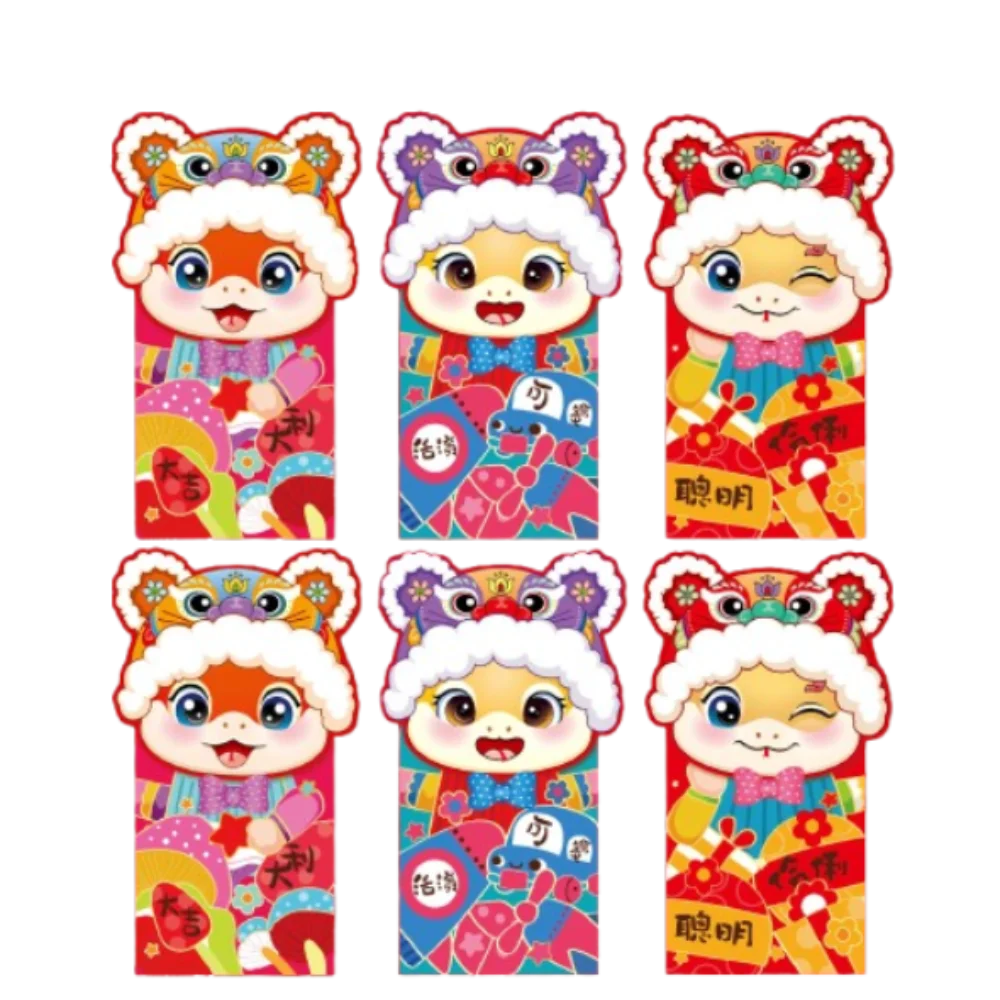 

6pcs Cartoon Chinese New Year Money Envelope Traditional Snake Pattern 2025 Snake Year Red Envelopes Hongbao Blessing