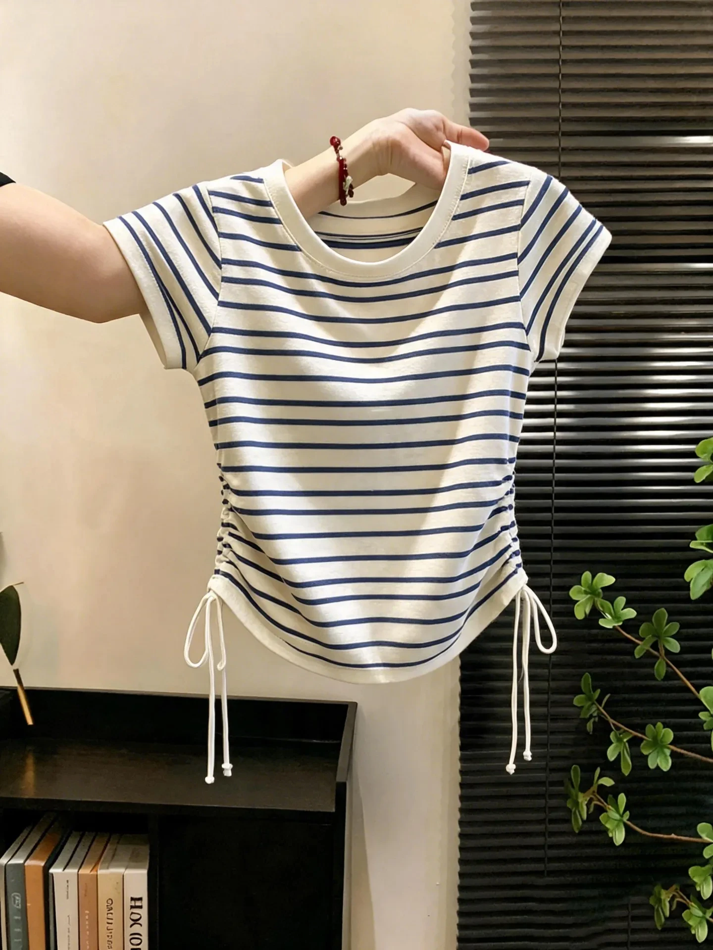 Retro Blue White Stripes Short Sleeve T-Shirt Women Summer Side Drawstring Waist Slimming Slim Fit Elegant Top