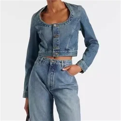 Women's denim jacket 2024 autumn New outerwears vintage pure cotton long sleeved top fashion slim fit short Women's coats Blouse