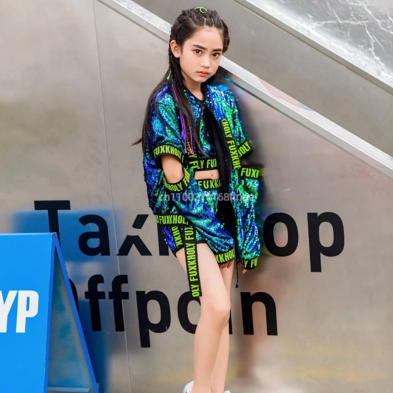 Trajes de desempenho de dança jazz infantil, trajes de desempenho de lantejoulas de dança moderna, conjuntos de dança de rua para meninos e meninas