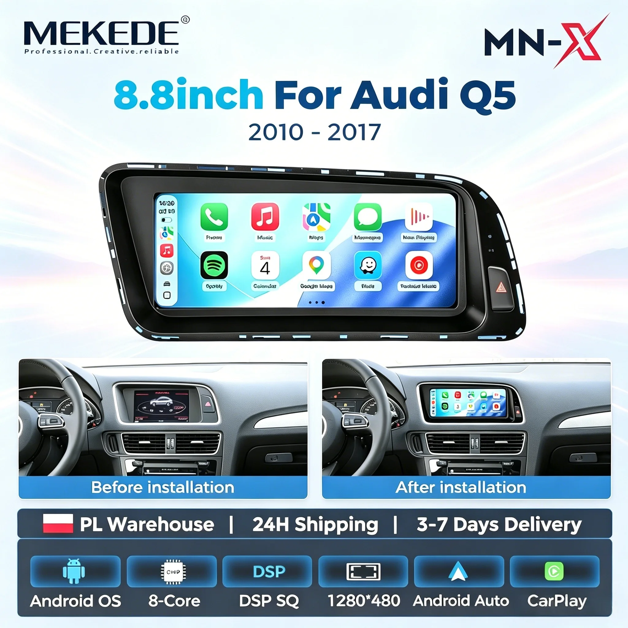 MEKEDE MNX Autoradio Inalámbrico de 8.8 Pulgadas con Sistema Dual Android OS y Carplay para Audi Q5 2009-2016, Versión Alta, Radio de Coche 2 Din, Reproductor Multimedia, Pantalla, 4G LTE, Navegación GPS, Audio, MTK6762, 4G, 64G, FM Estéreo, Compatible con Bluetooth, Información Original BT Automotivo 1
