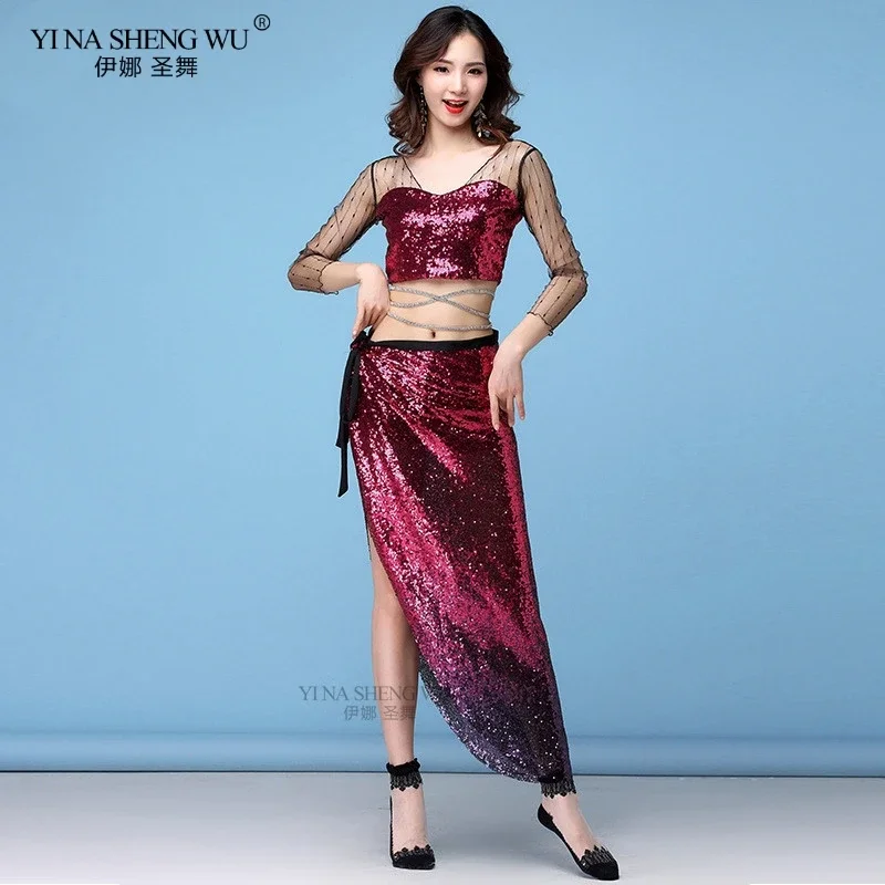 Nouveau ensemble de vêtements d'entraînement de danse automne et hiver nouveau costume de danse du ventre en maille Sexy haut + jupe 2/3 pièces ensemble de danse pour les femmes danse du ventre