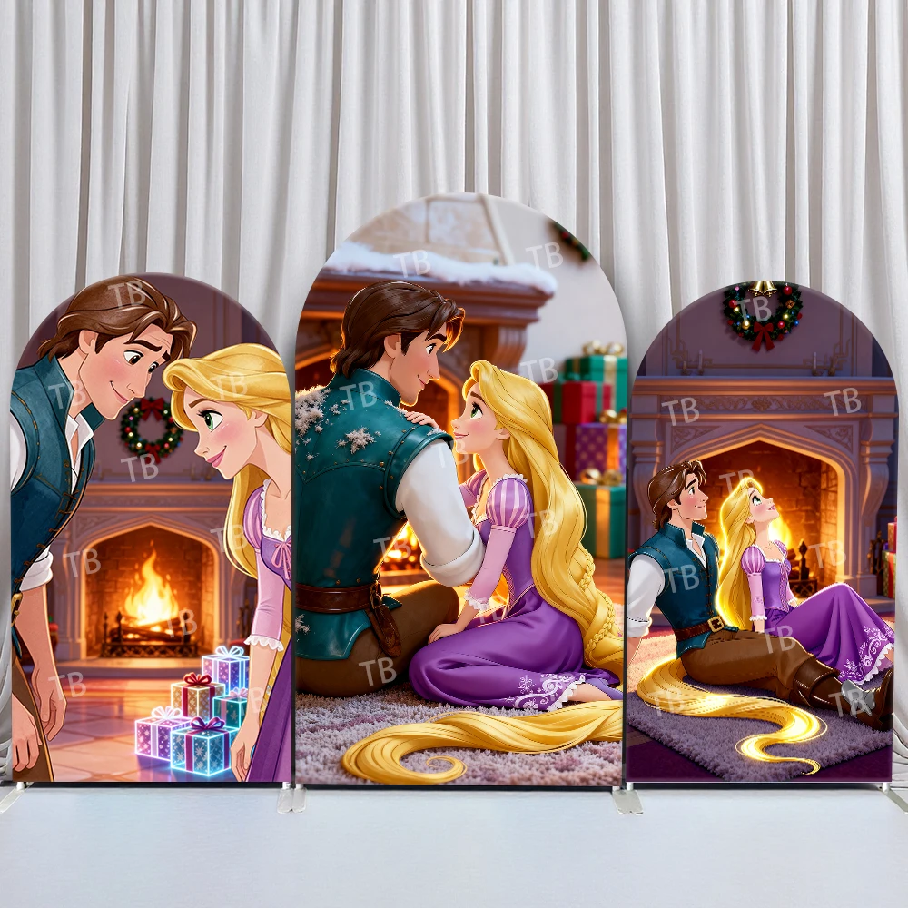 

Disney Tangled Rapunzel and Flynn Rider Arch Backdrop Cover Fireplace Gifts Wreath Romantic Photo Booth Props for Wedding Events