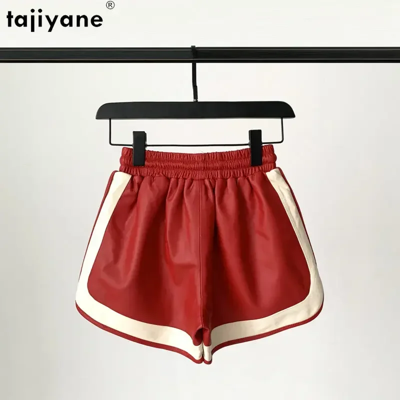 Tajiyane Real Leather Shorts for Women Genuine Sheepskin Elastic Waist Shorts Drawstring Sweatpants Wide Leg Short Ropa Mujer