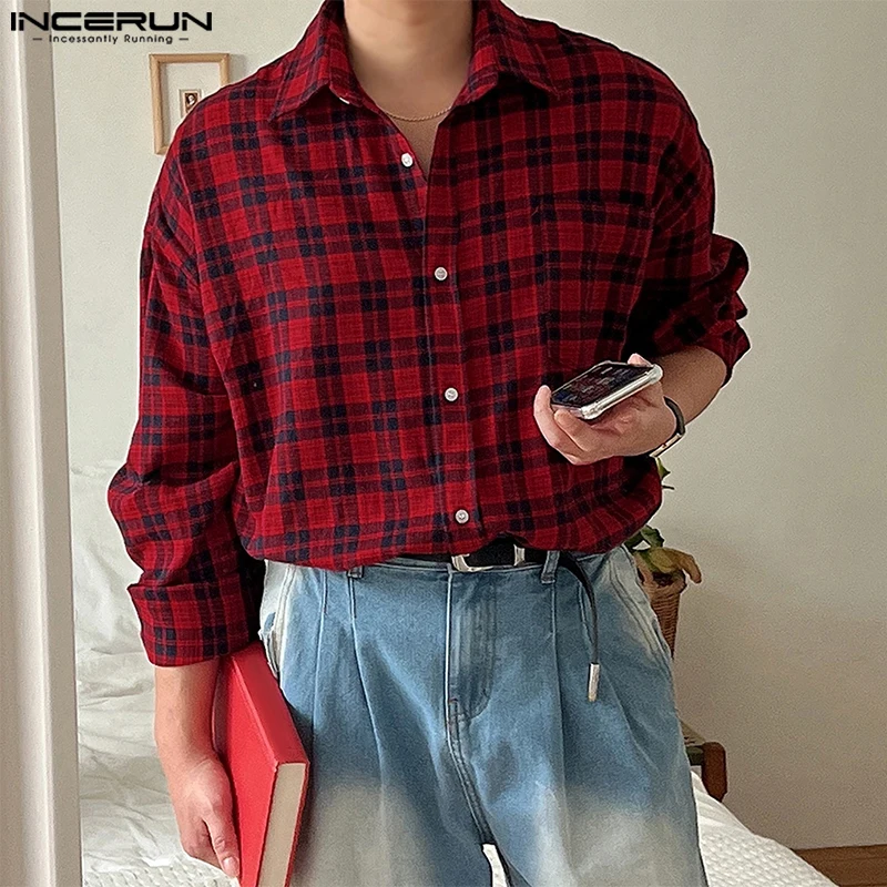 2024 Korean Harajuku Handsome Men Shirts INCERUN Casual Long Sleeve Plaid Splicing Turn Down Collar Tops Loose Bottuns Blouses