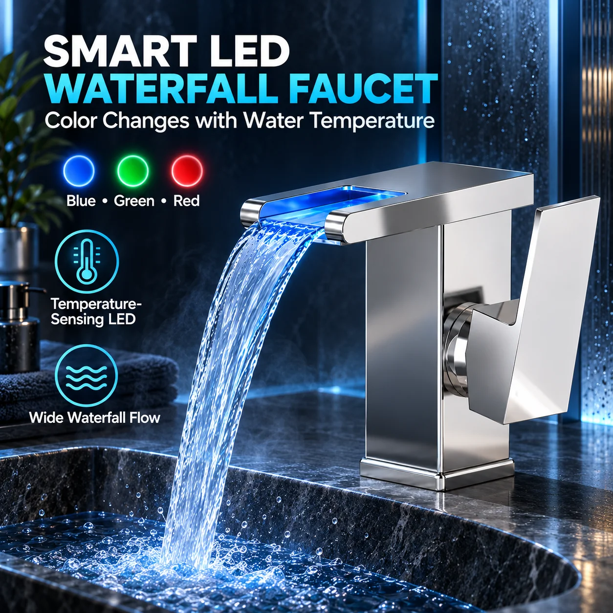 3-Color LED Temperature Waterfall Bathroom Faucet No External Power Hot & Cold Dual Control Tap Brass Countertop Sink Faucet