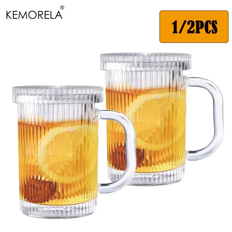 

1/2PCS 380ML Glass Coffee Mug with Lid - Striped Design Non-Slip Reusable Cup for Home Cafe or Party Use - Perfect for Tea Milk