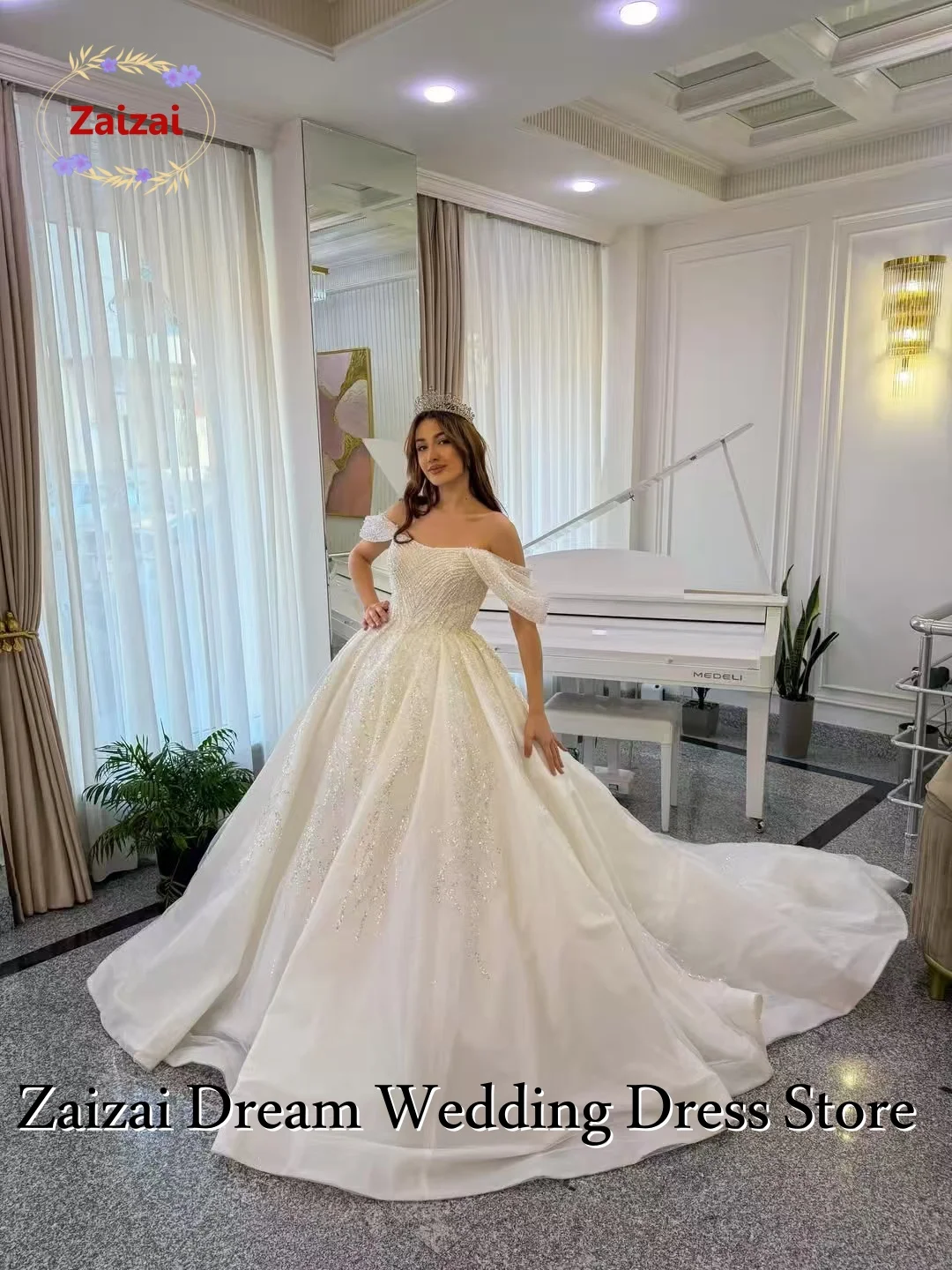 Customized Luxury Ball Gown Off Shoulder Royal Wedding Dresses Sweetheart Collar Lace Sequined Bridal Gown Vestido De Novia