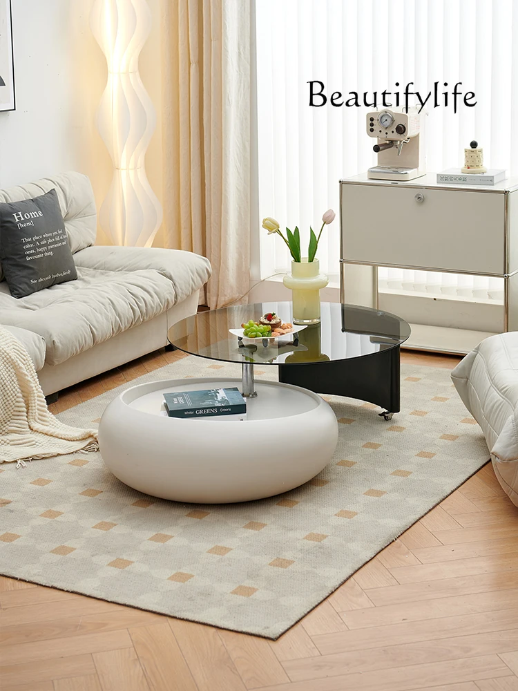 Cream Style Rotating Coffee Table Living Room Home High-Grade Light Luxury round Glass Coffee Table Designer