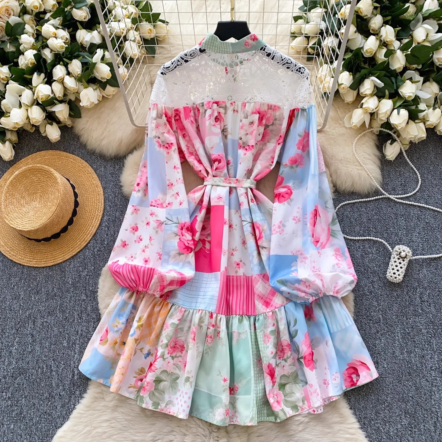 Vacanza estiva in pizzo scava fuori giuntura splendidi fiori mini abiti da donna stand manica lunga lanterna spiaggia boho volant abiti