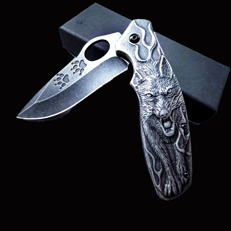 

3D relief wolf head folding knife outdoor camping survival military knife jungle survival strategy tool