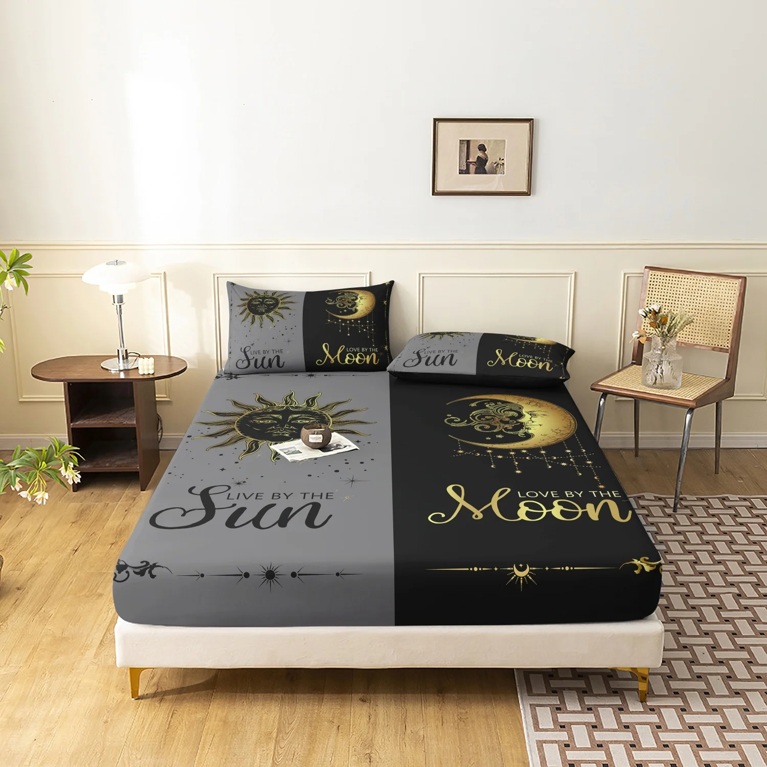 3 Pieces Split Grey Black Sun Moon Celestial Print Couple Fitted Sheet Bedding Set, Sun Moon Golden Star Bohemia Pattern Bedding