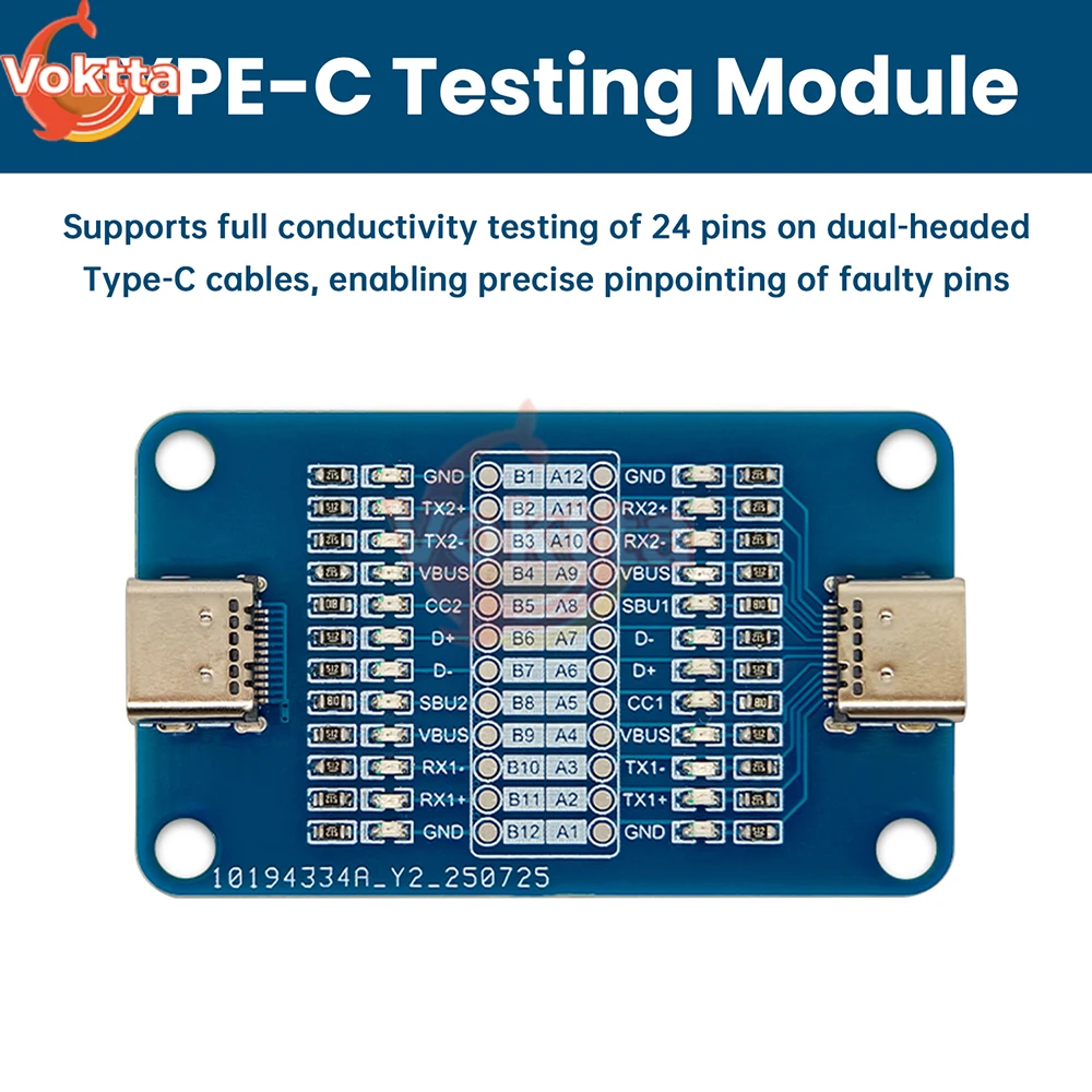 Dual TYPE-C Fast Charging Cable Detection Module 24pin USB-C Data Cable Tester 12 LED Indicator Lights Cable Continuity Checker