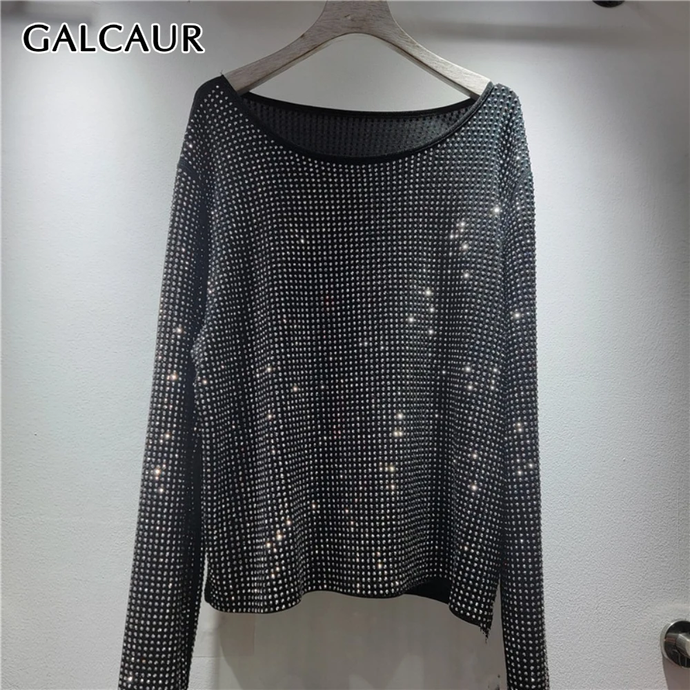

GALCAUR Solid Spliced Diamonds T Shirt Female O Neck Long Sleeve Loose Streetwear Luxury Women's T Shirts Autumn Fashion Style