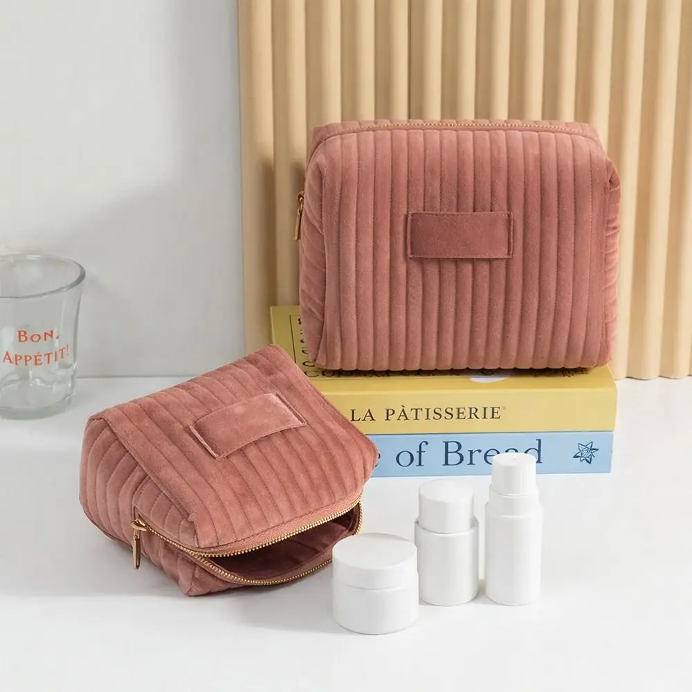 INS Velvet Makeup Bag Striped Quilting Soft Touch Cosmetic Bag Large Capacity Toiletry Bag Women