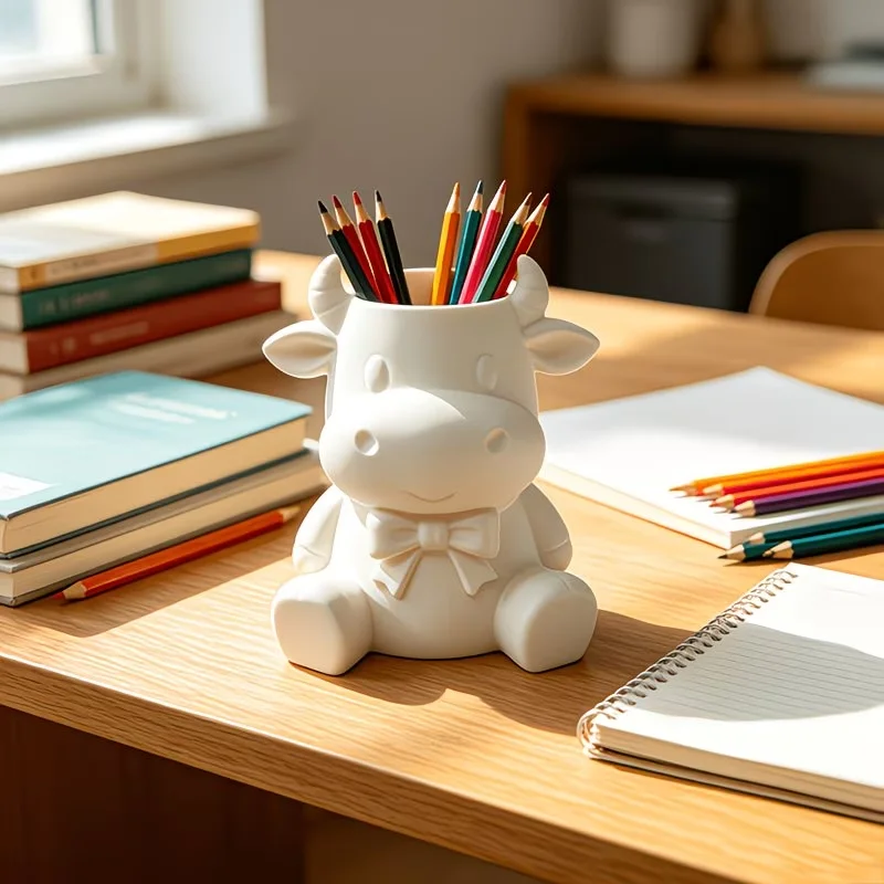 3D Printed Cute Bow Tie Cow Pen Holder Cartoon Animal Pencil Cup Minimal Desk Storage Decor for Home Study Office